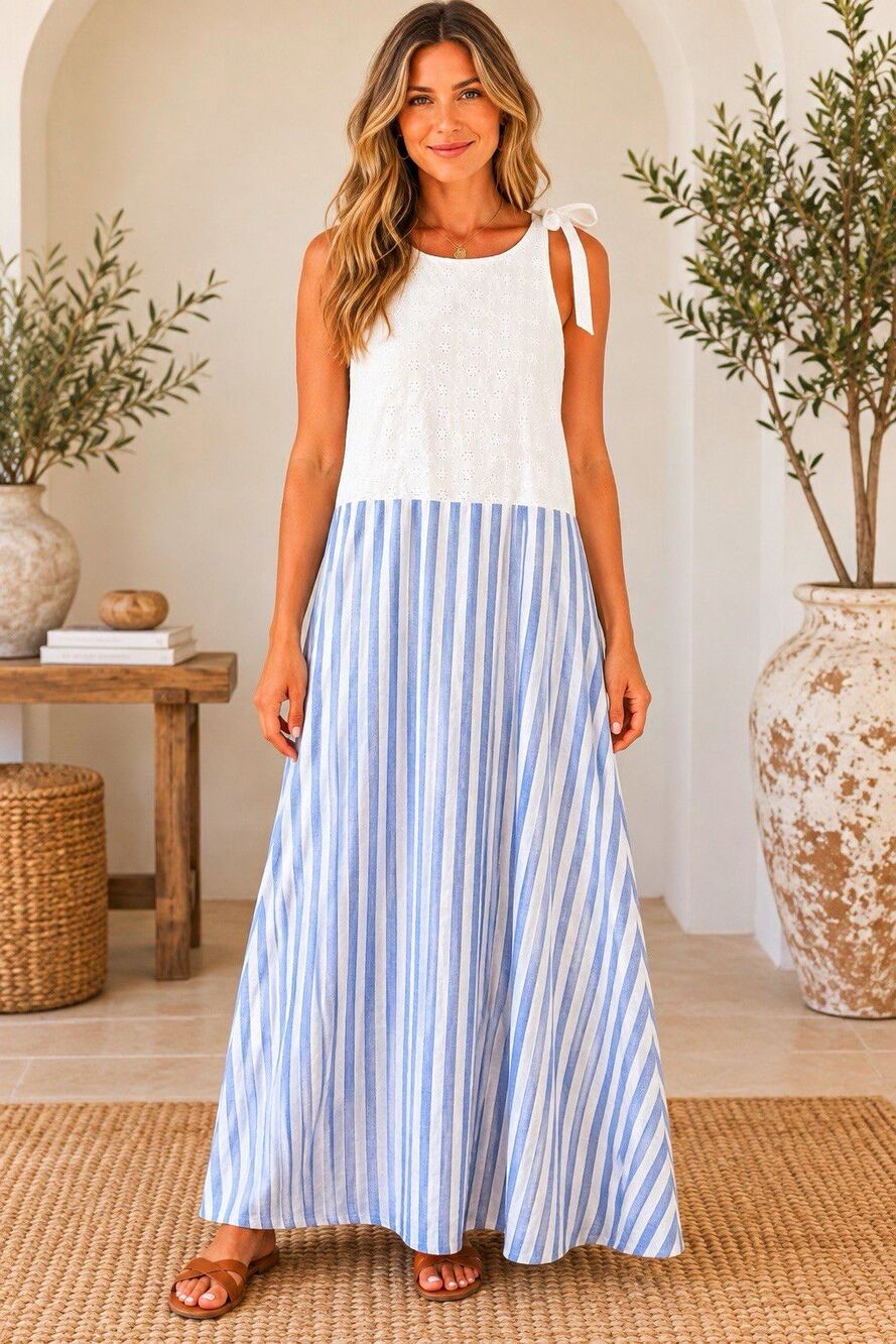 lalavon. White Eyelet Blue Stripe Tie Shoulder Long Maxi Dress Regular L